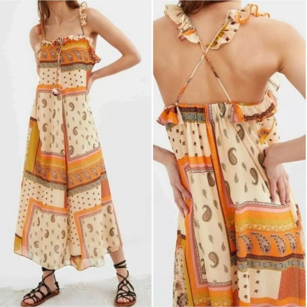 ZARA Paisley CottageCore Ruffle Strap Midi Boho Dress XXS Vacation Indie Sleaze